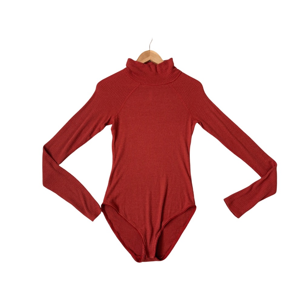 Intimately Free People Normcore Autumnal Waffle Knit Turtleneck Bodysuit Rust L